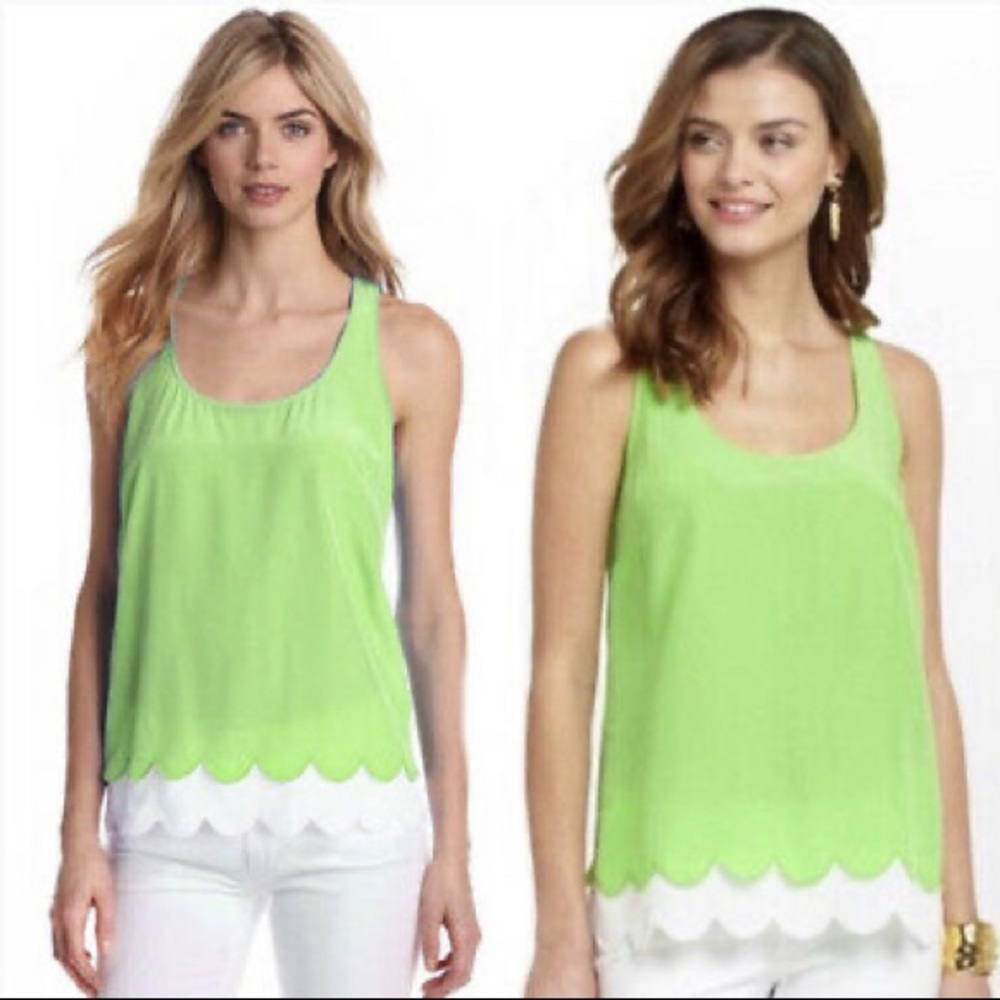 Lilly Pulitzer Sleeveless Carlina Green Silk Tiered Scalloped Hem Tank Medium